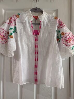 THML White Peasant Top with Pink Trim and Floral Embroidery
